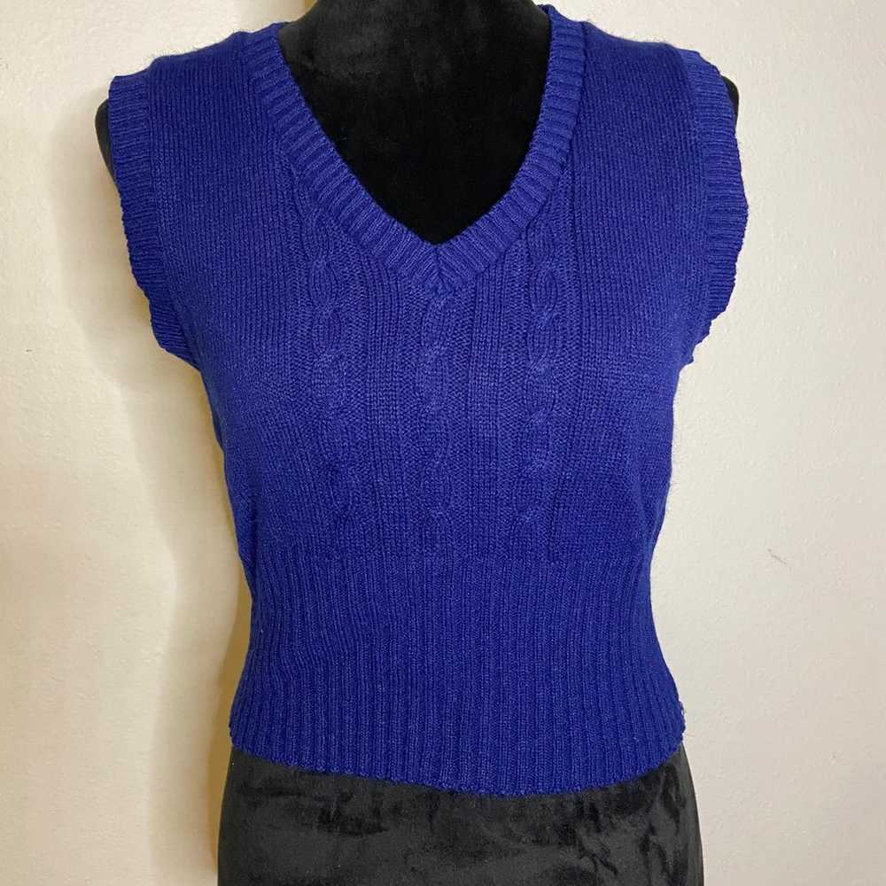 Navy Blue Cropped Cable Knit V-Neck Sweater Vest - image 1