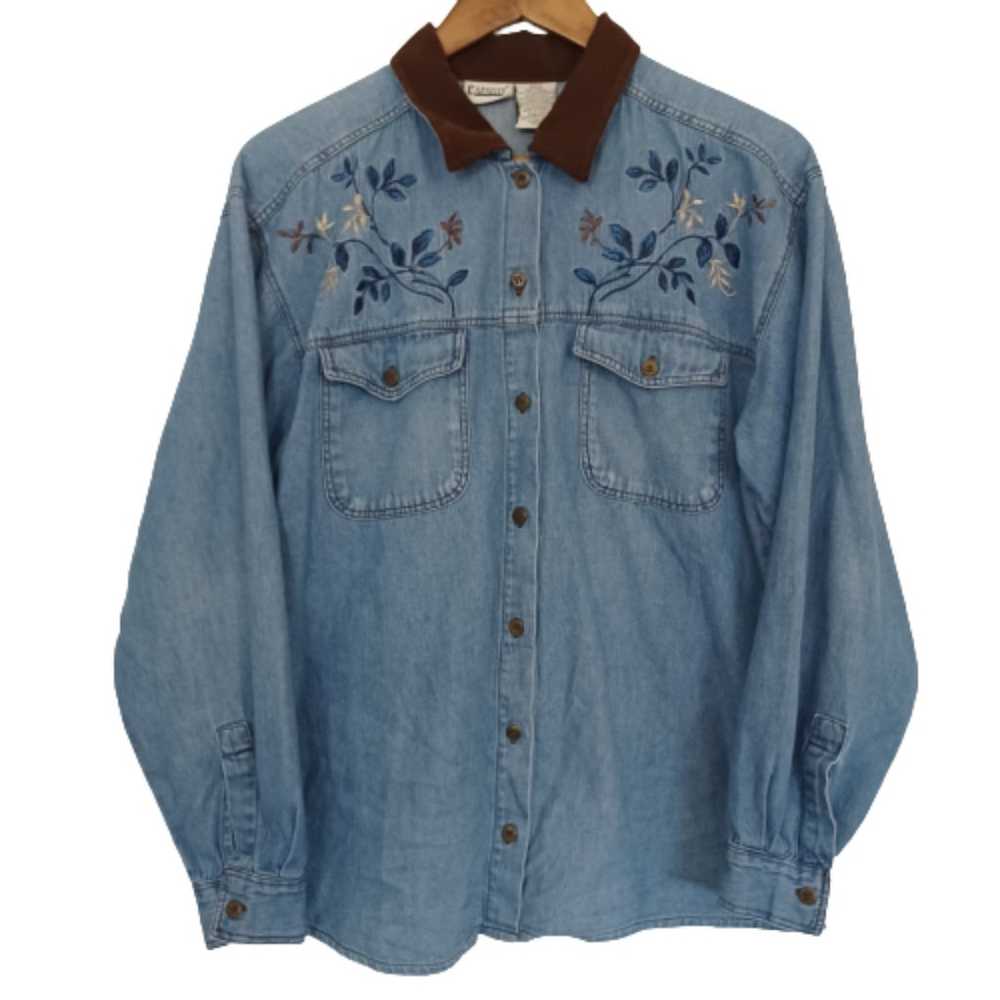 CAPACITY Vintage Embroidered Floral Denim Blue Je… - image 3