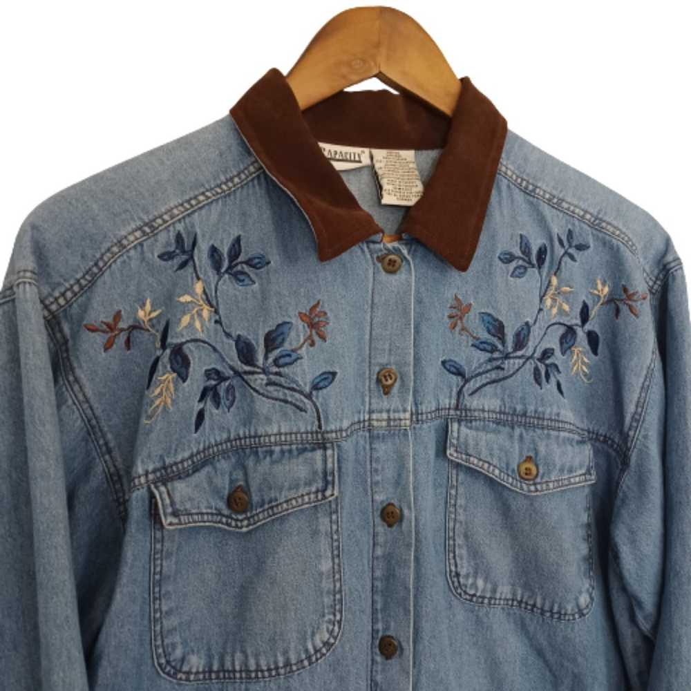 CAPACITY Vintage Embroidered Floral Denim Blue Je… - image 5