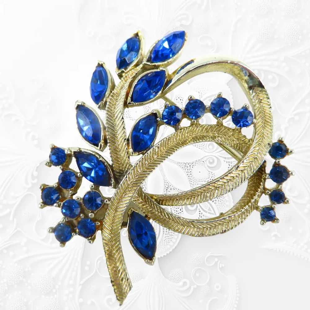 Coro Blue Rhinestone Gold Tone Flower Brooch - image 3