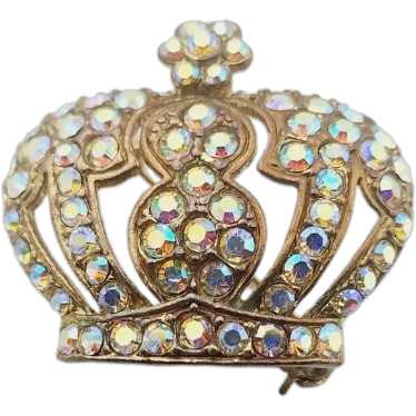 Vintage Unsigned AB Rhinestone Crown Brooch Penda… - image 1