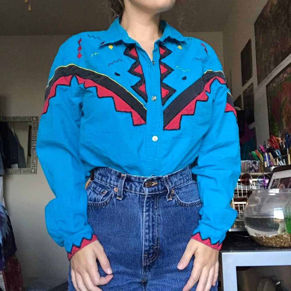 Wild Vibrant Vintage Western Button-Up Neon Blue … - image 1