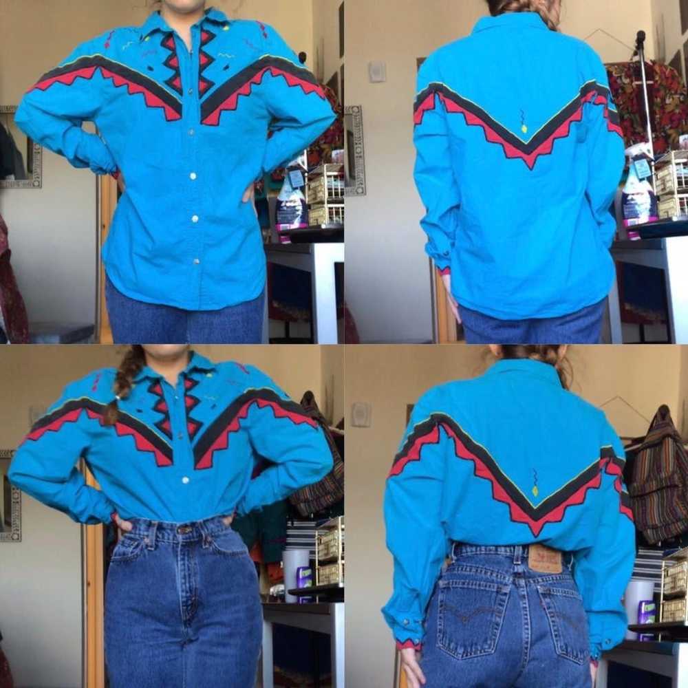 Wild Vibrant Vintage Western Button-Up Neon Blue … - image 3