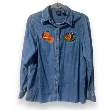 Vintage Basic Editions Halloween Chambray Button … - image 1