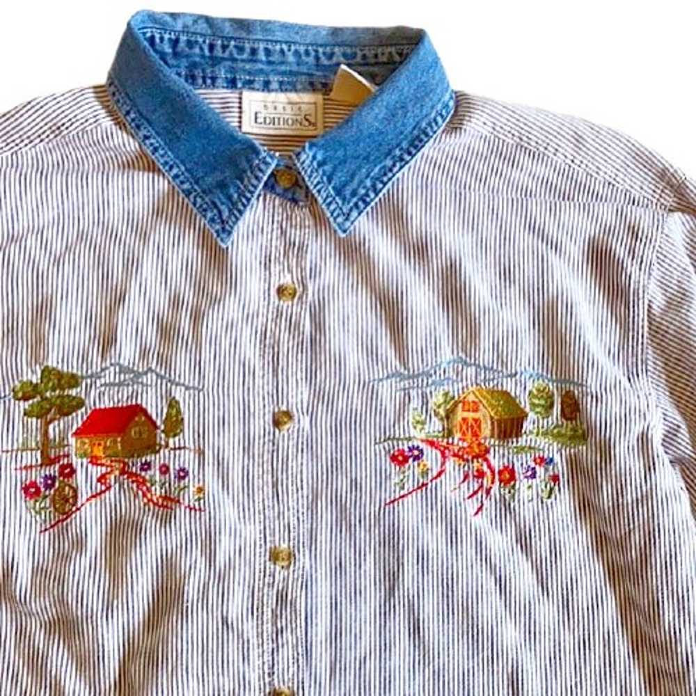 Basic Editions 90s Embroidered Farm Button-down - image 1