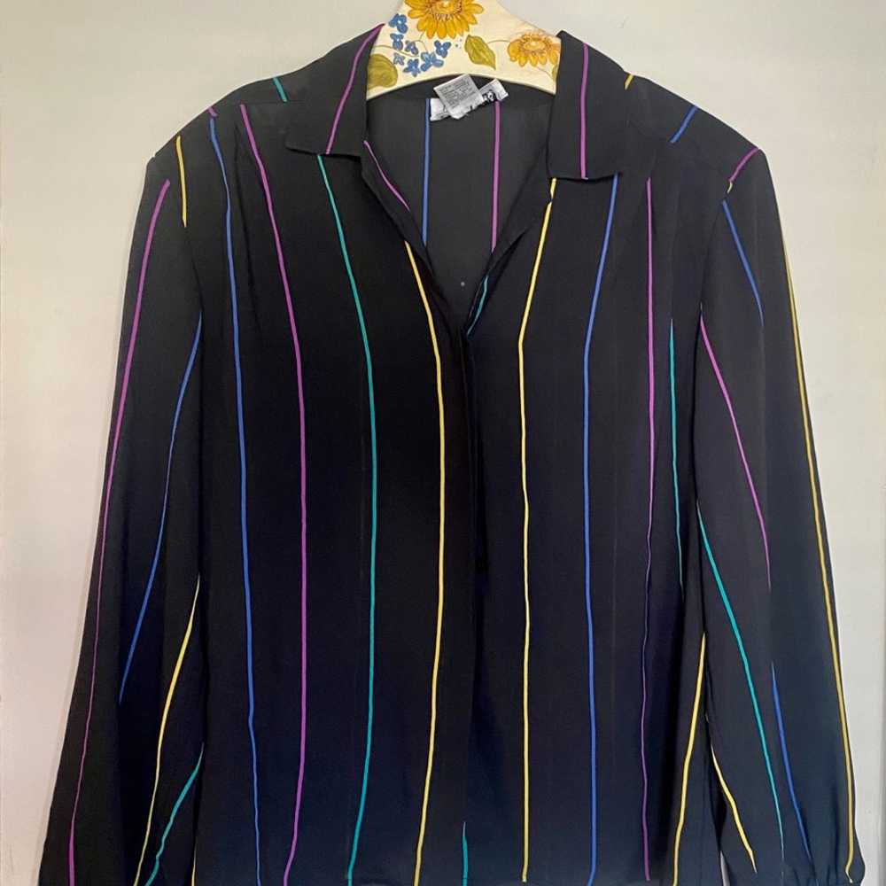 Vintage 1980s black sheer polyester striped blouse - image 1