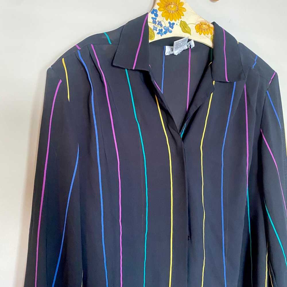 Vintage 1980s black sheer polyester striped blouse - image 2