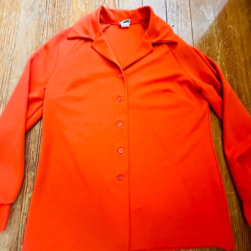 Vintage 70s Orange Button Up Blouse, Polyester Bu… - image 4