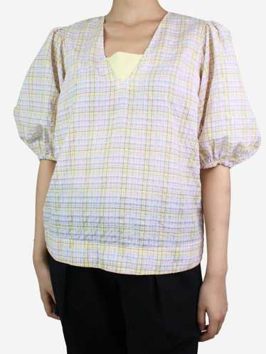 Ganni Multicoloured puff short-sleeved check top -