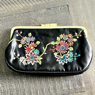 Small Embroidered Black Flower Silk Clutch - image 1