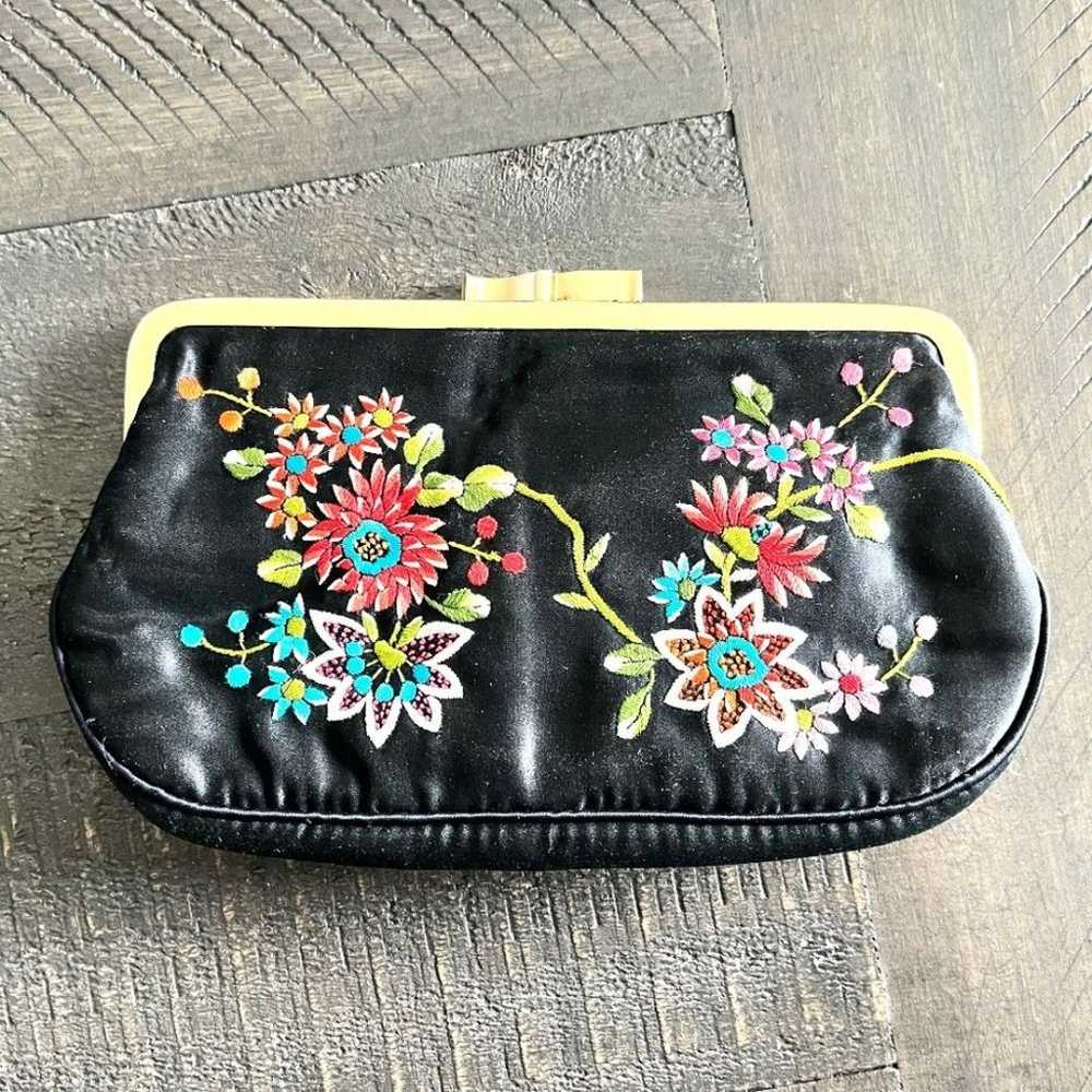 Small Embroidered Black Flower Silk Clutch - image 2