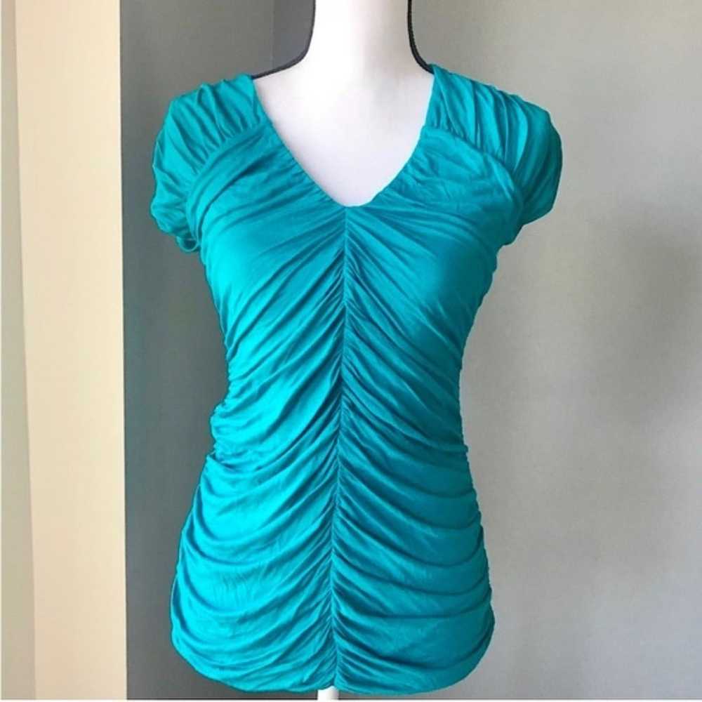 Express Turquoise Teal Blue Ruched V-Neck Blouse … - image 1