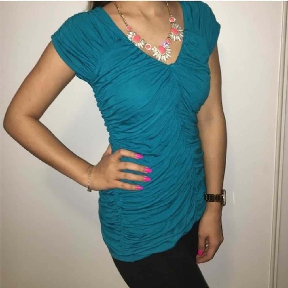 Express Turquoise Teal Blue Ruched V-Neck Blouse … - image 2