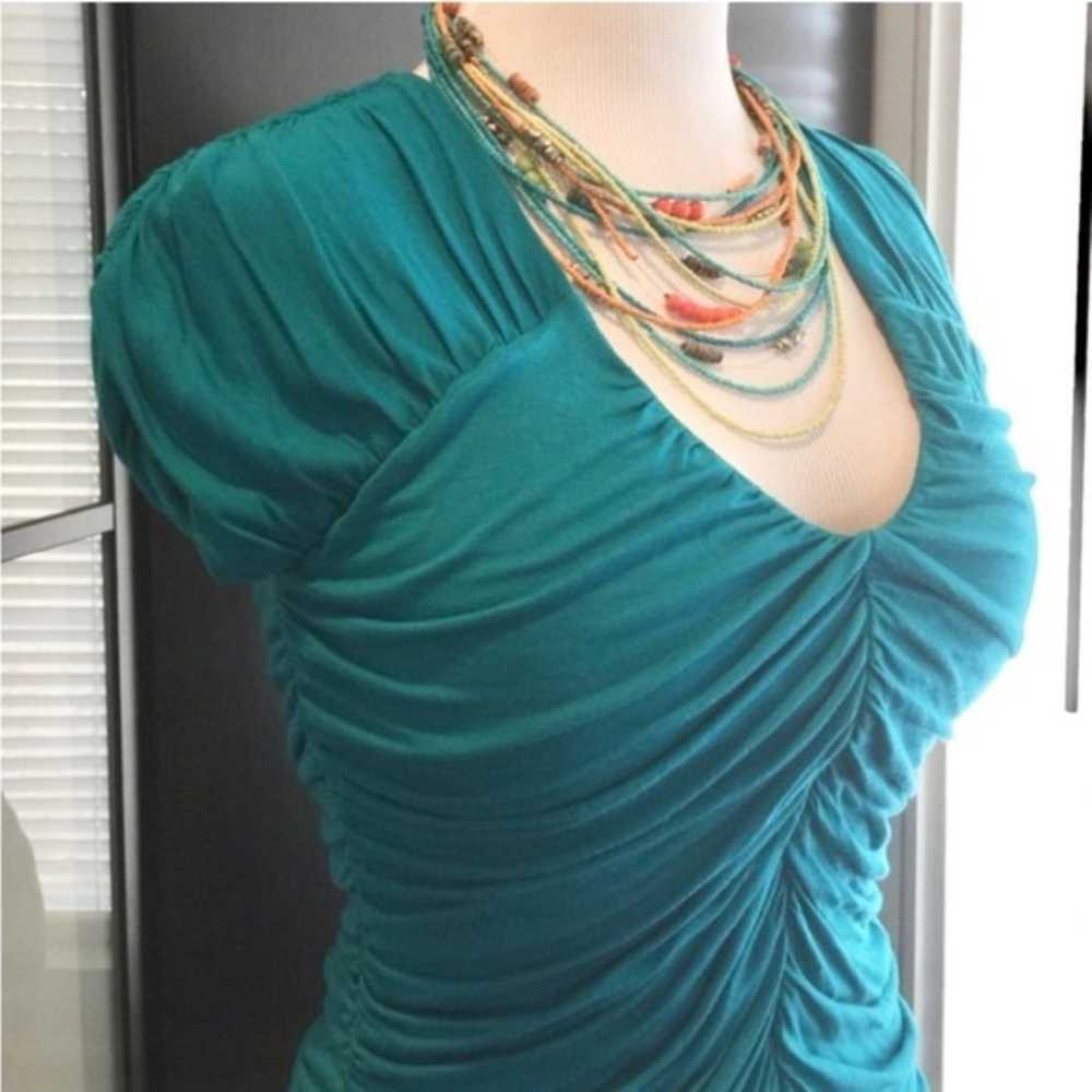 Express Turquoise Teal Blue Ruched V-Neck Blouse … - image 3