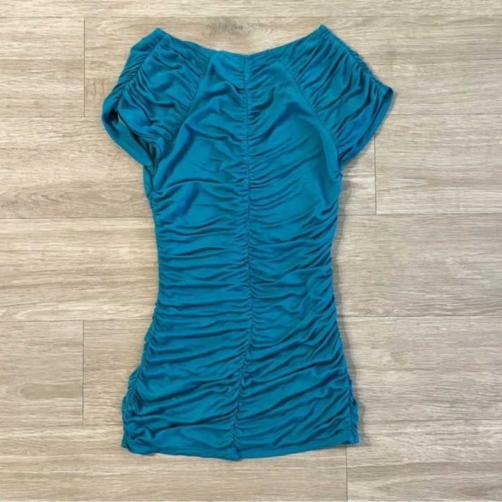Express Turquoise Teal Blue Ruched V-Neck Blouse … - image 5