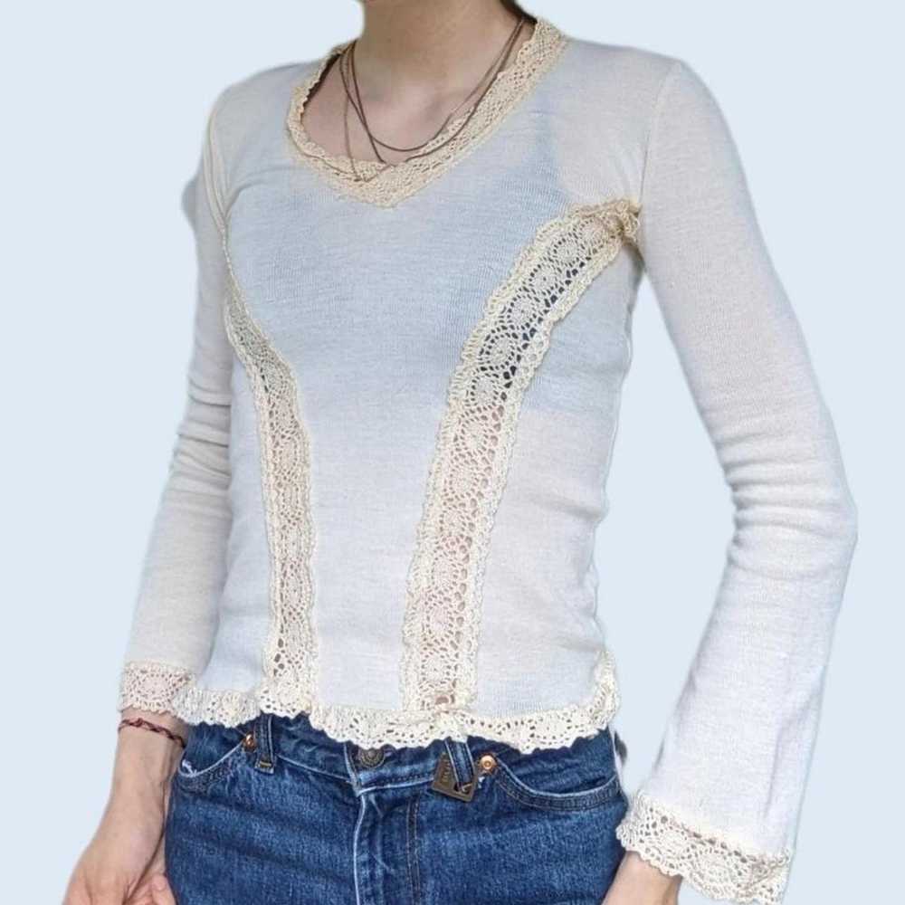 Vintage 70's Crochet Trim Long Sleeve Blouse - image 1