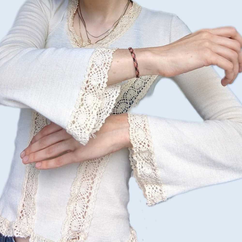 Vintage 70's Crochet Trim Long Sleeve Blouse - image 2