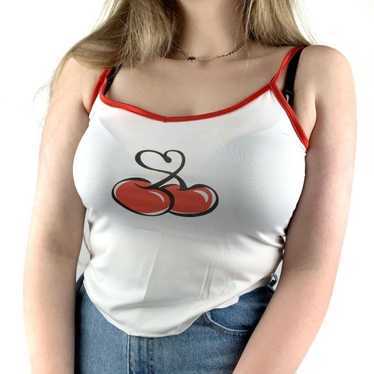 Y2K Retro Red Pipe Trim Baby Fit Cherry Print Hea… - image 1