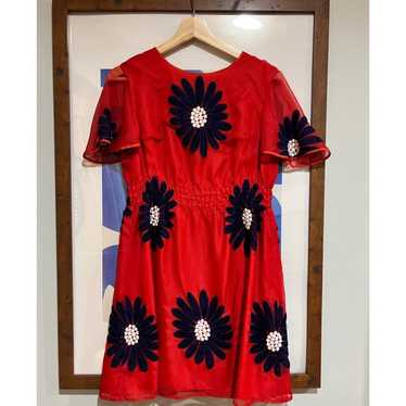 Vintage Red Chiffon Floral Embroidered Dress - image 1