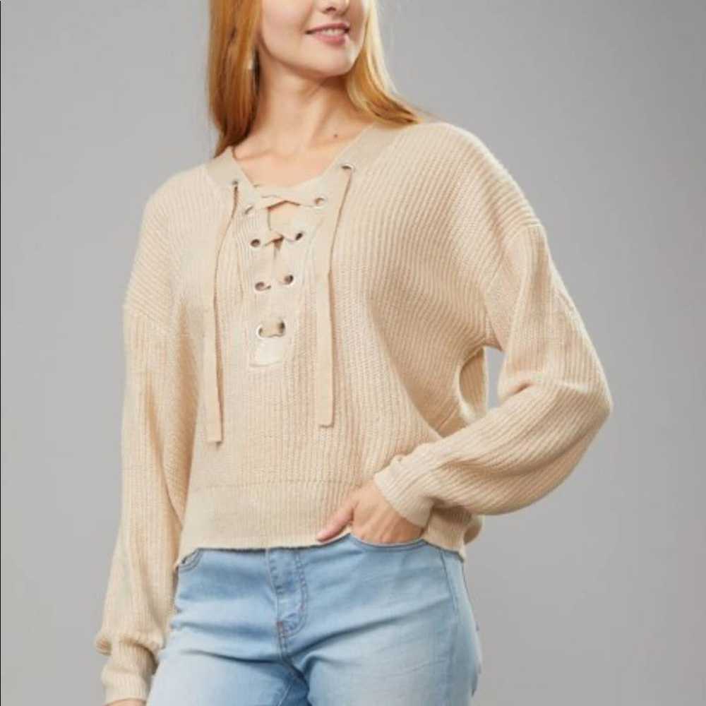 Divided beige lace up sweater - image 1