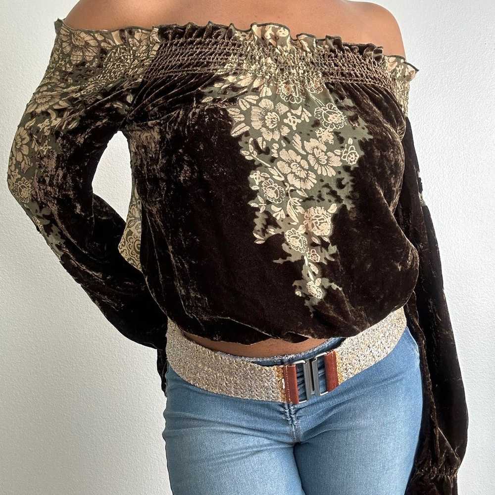 Vintage Y2K Brown Velvet Long Sleeve Off Shoulder… - image 1