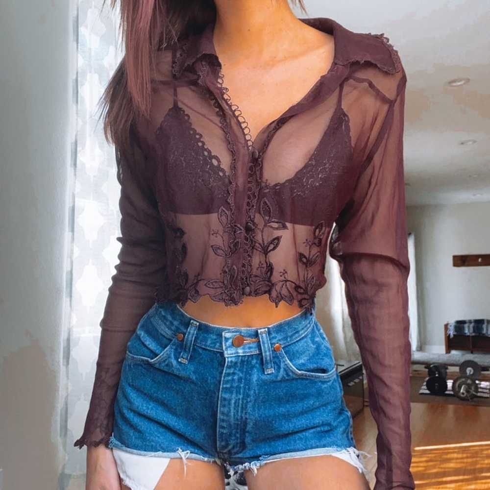 Vintage sheer long sleeve crop top - image 1