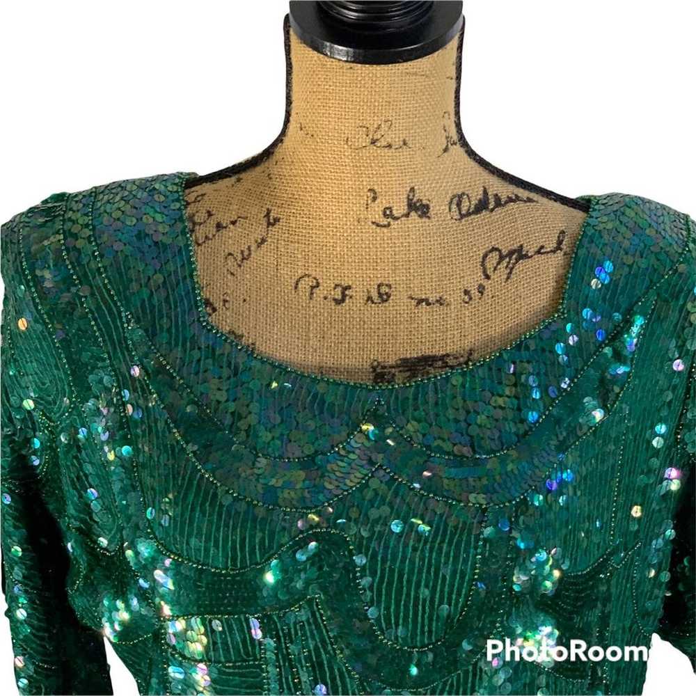 VINTAGE HOLIDAY GREEN SILK SEQUIN TOP - image 1