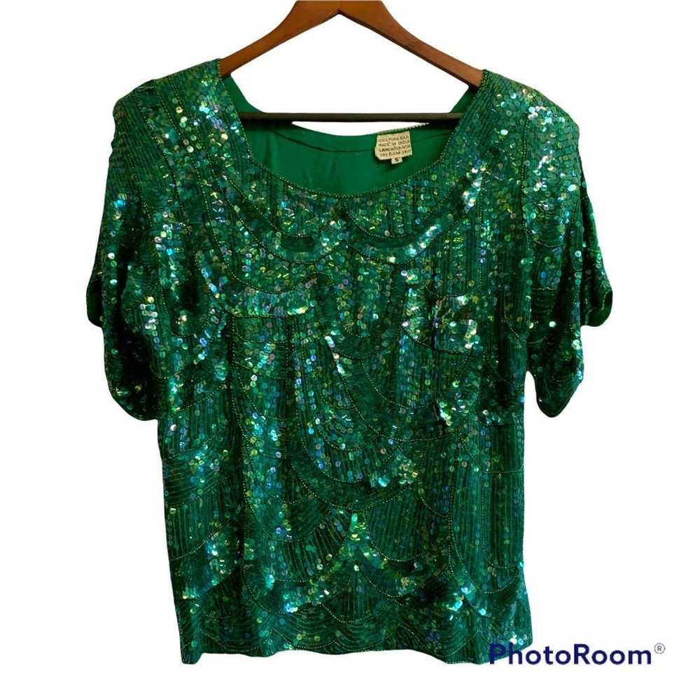 VINTAGE HOLIDAY GREEN SILK SEQUIN TOP - image 2