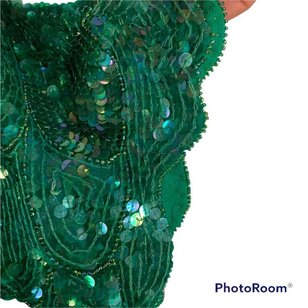 VINTAGE HOLIDAY GREEN SILK SEQUIN TOP - image 3