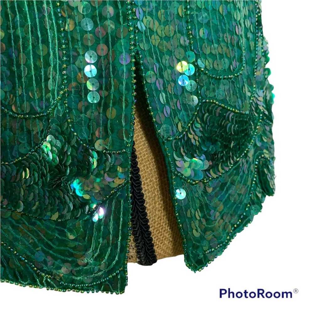 VINTAGE HOLIDAY GREEN SILK SEQUIN TOP - image 4