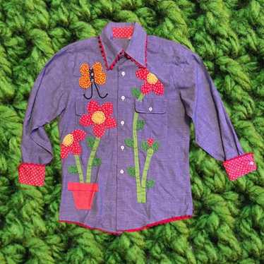 Vintage 70s Big Mac Chambray Shirt Flower Butterf… - image 1
