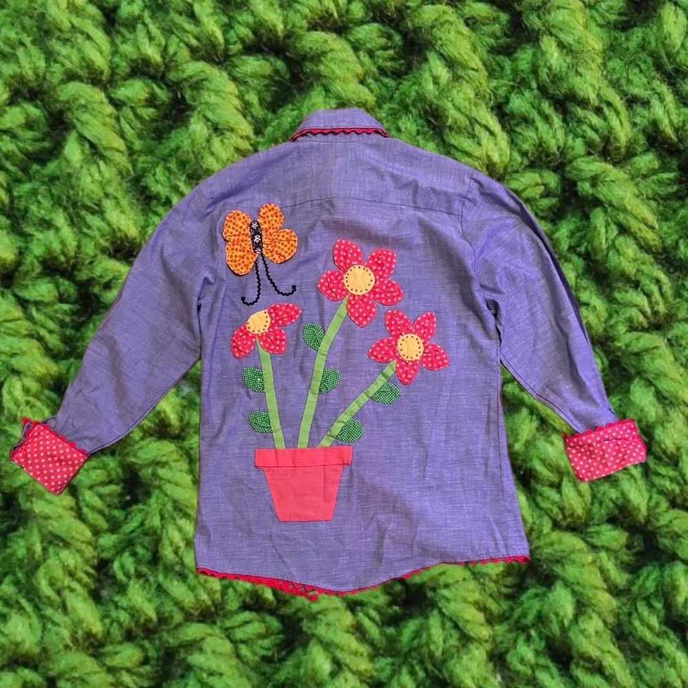 Vintage 70s Big Mac Chambray Shirt Flower Butterf… - image 2