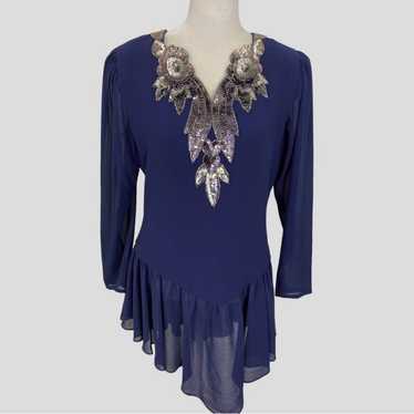 Vintage Samuel Scott Navy Floral Sequin Tunic Sma… - image 1