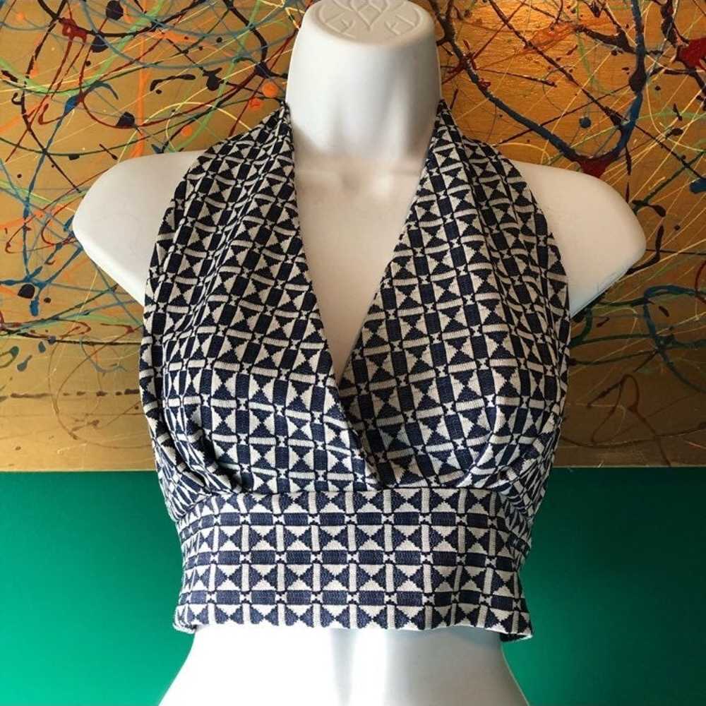 Vintage Crop Cream And Navy Halter Top - image 1