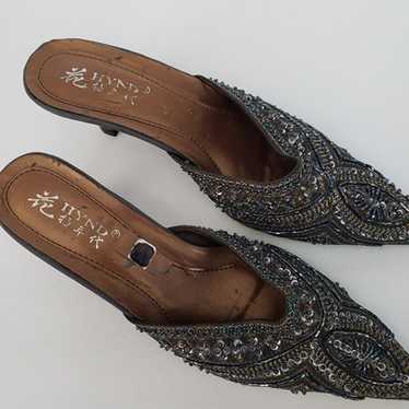 Vintage Beaded Sequined Kitten Heel Mules - image 1