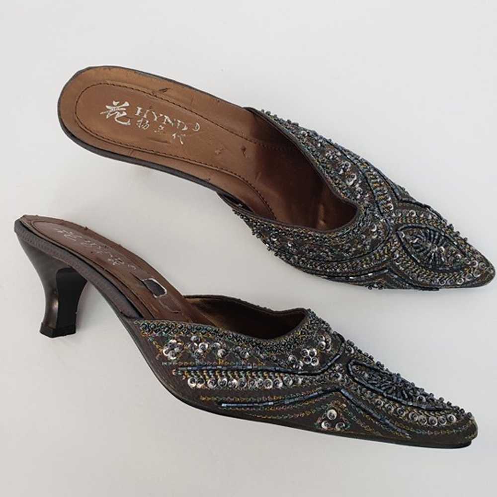 Vintage Beaded Sequined Kitten Heel Mules - image 2