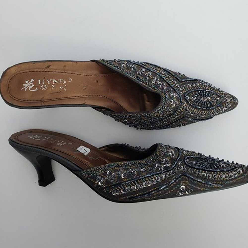 Vintage Beaded Sequined Kitten Heel Mules - image 5