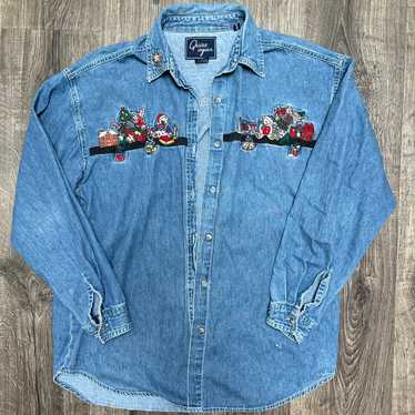 Vintage Denim Embroidered Christmas Button down S… - image 1