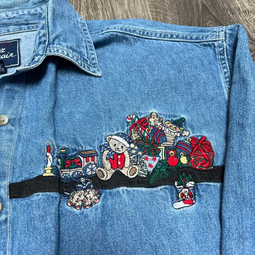 Vintage Denim Embroidered Christmas Button down S… - image 3