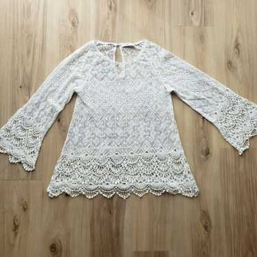 Miss Kelly 1999 White Lace Crochet Blouse Sheer Lo