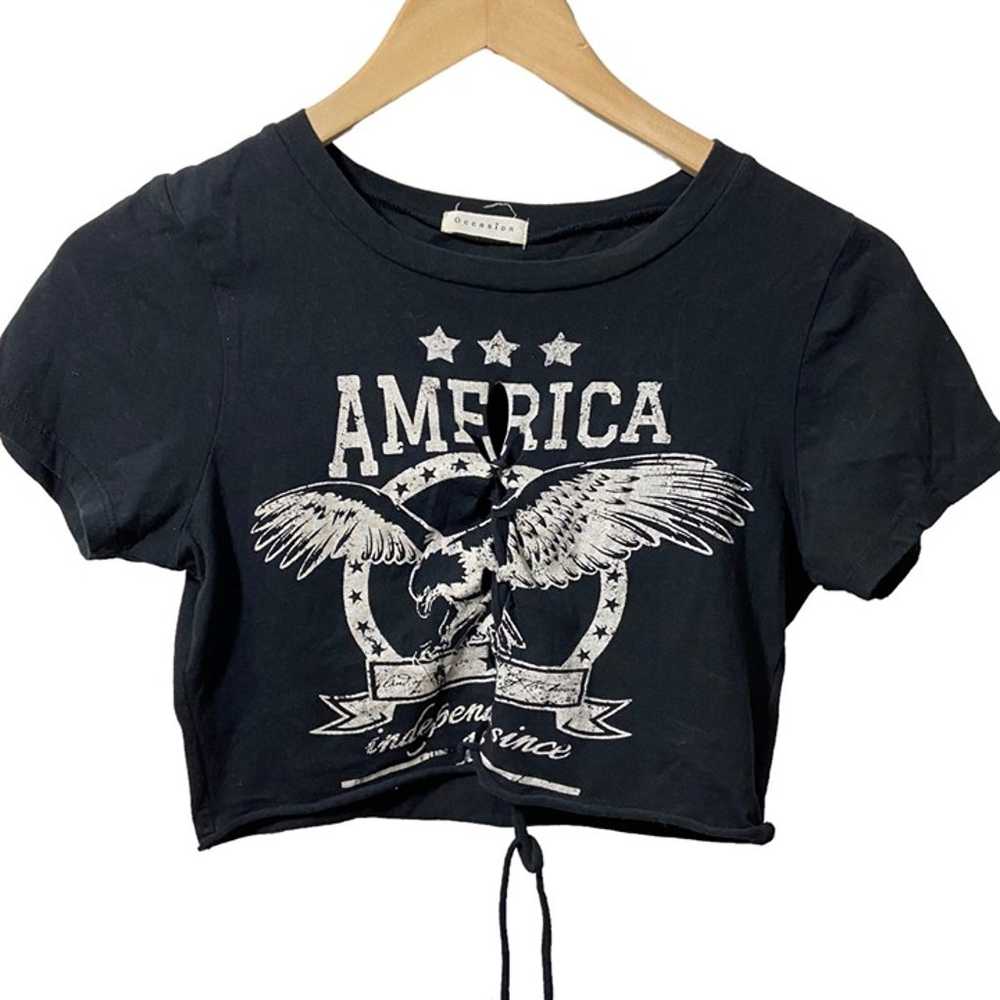 Occasion Women Vintage Lace Up Crop Top Tee Black… - image 1