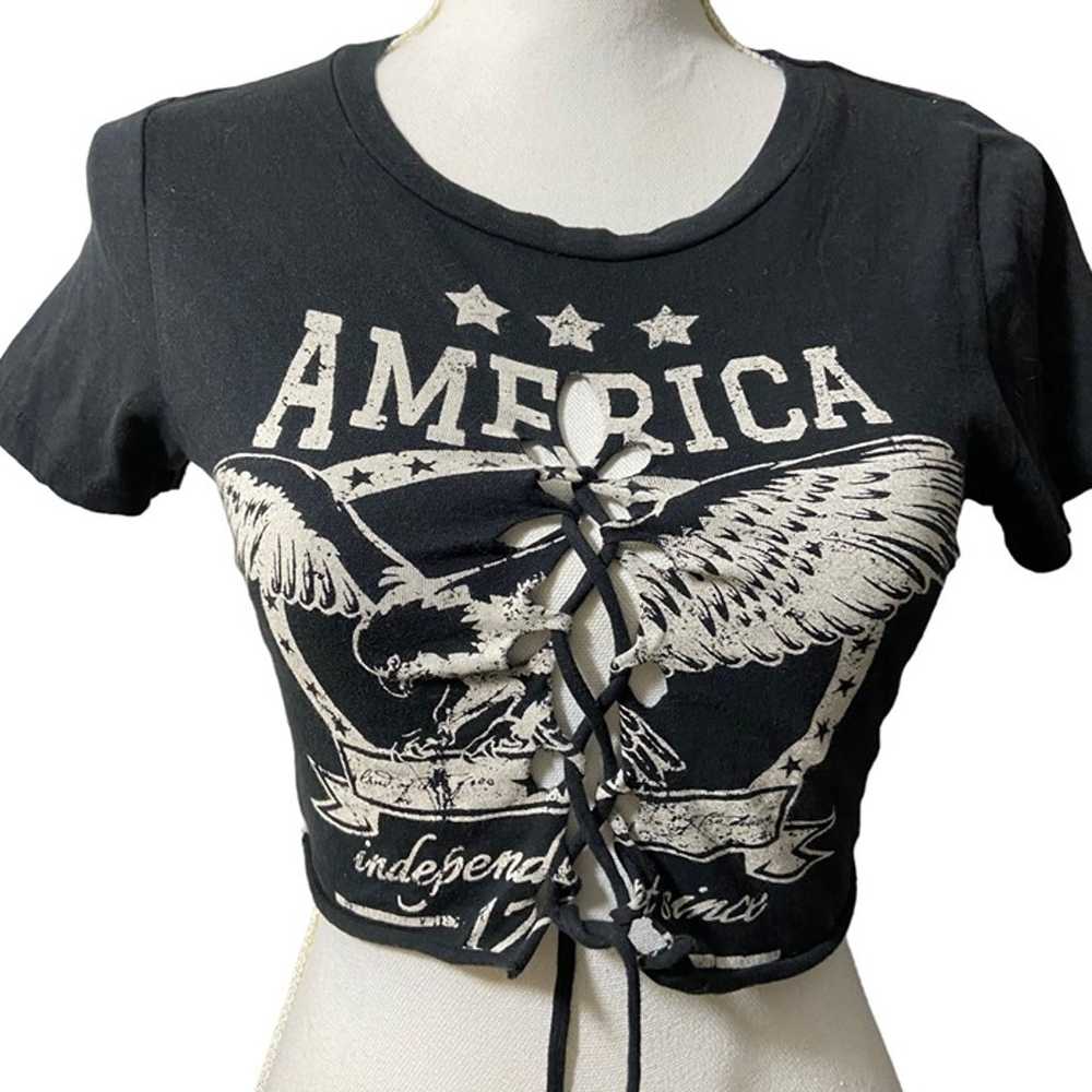 Occasion Women Vintage Lace Up Crop Top Tee Black… - image 2