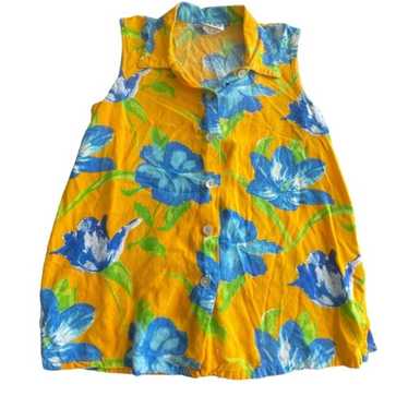 Vintage Clio Yellow/Blue Floral Sleeveless Collar… - image 1