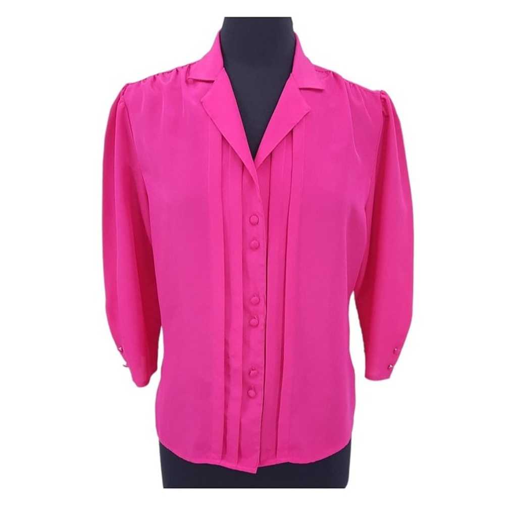 VTG 80s Chaus Solid Pink Silky Pleated Button Fro… - image 1