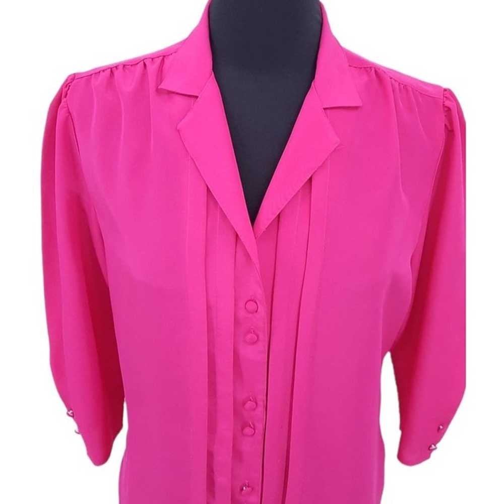 VTG 80s Chaus Solid Pink Silky Pleated Button Fro… - image 3