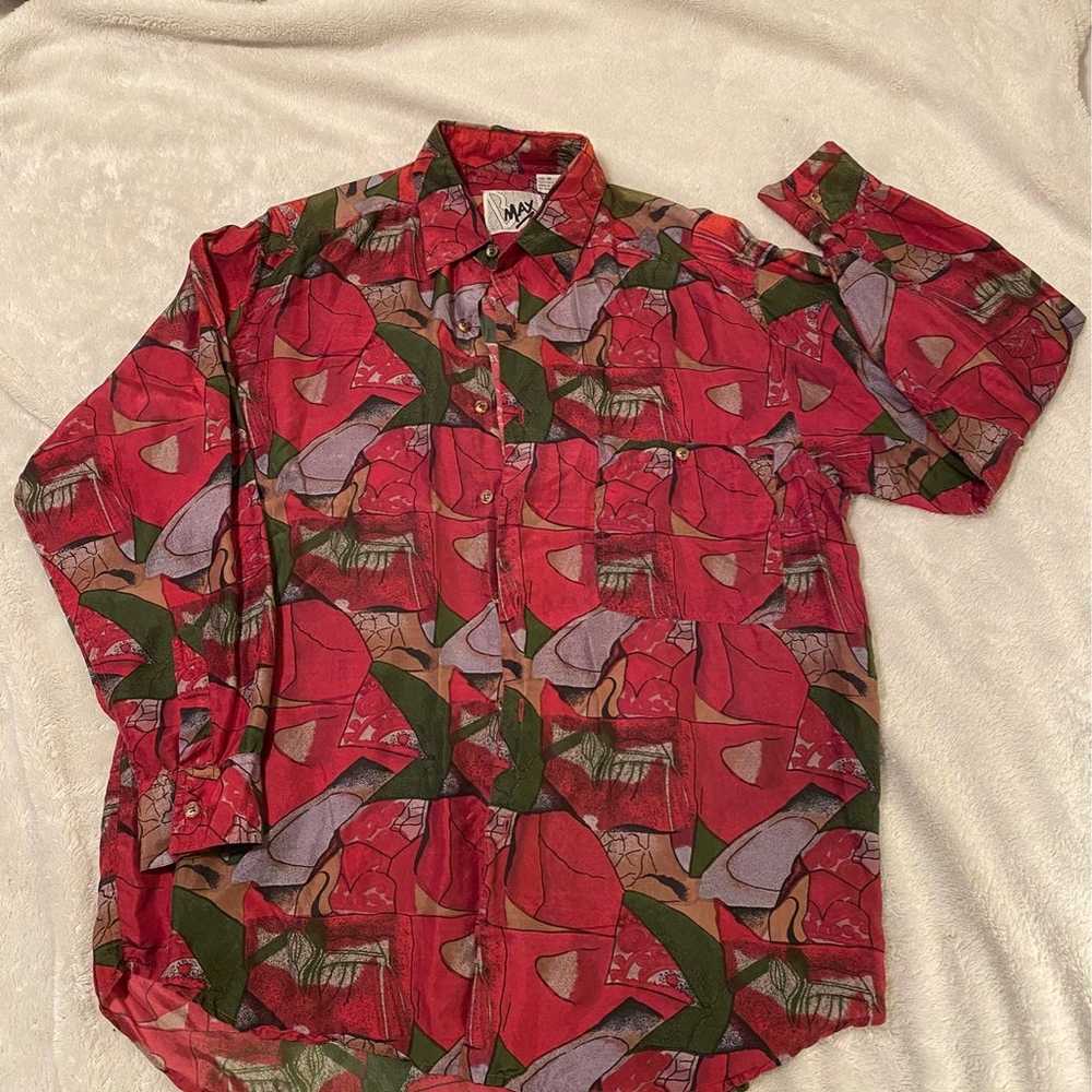 Vintage 100% silk abstract button up shirt M - image 4