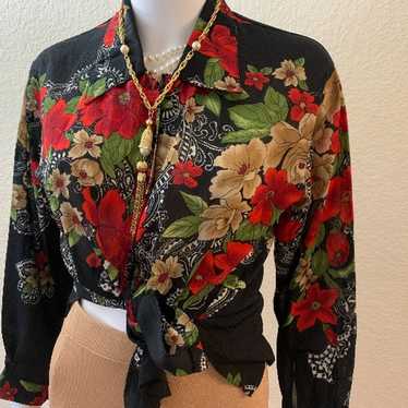vintage red black floral button down blouse