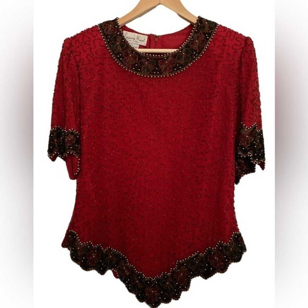 Vintage Laurence Kazar Silk Beaded Red Top - Medi… - image 1