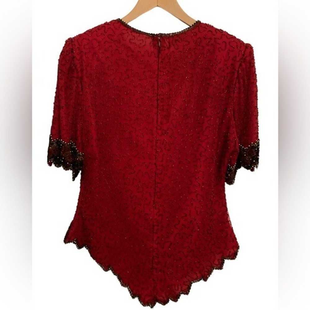 Vintage Laurence Kazar Silk Beaded Red Top - Medi… - image 2