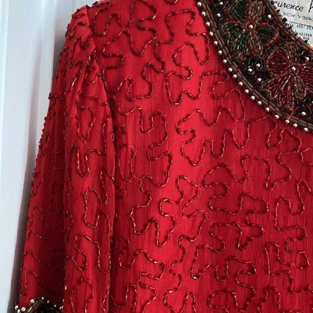Vintage Laurence Kazar Silk Beaded Red Top - Medi… - image 4